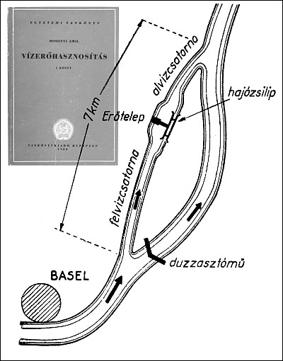 A Rajna oldalcsatornája Mosonyi Emil 1952-ben megjelent egyetemi tankönyvében.<br>Ugyanilyen elrendezésű a bős-nagymarosi vízlépcsőrendszer oldalcsatornája is. A Rajna oldalcsatornája Mosonyi Emil 1952-ben megjelent egyetemi tankönyvében. Ugyanilyen elrendezésű a bős-nagymarosi vízlépcsőrendszer oldalcsatornája is.